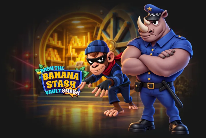 Bannière du lobby Betify (Avant-première Penguin King, Bash the Banana Stash Vault Smash) : un singe cambrioleur et un policier rhinocéros devant une chambre forte