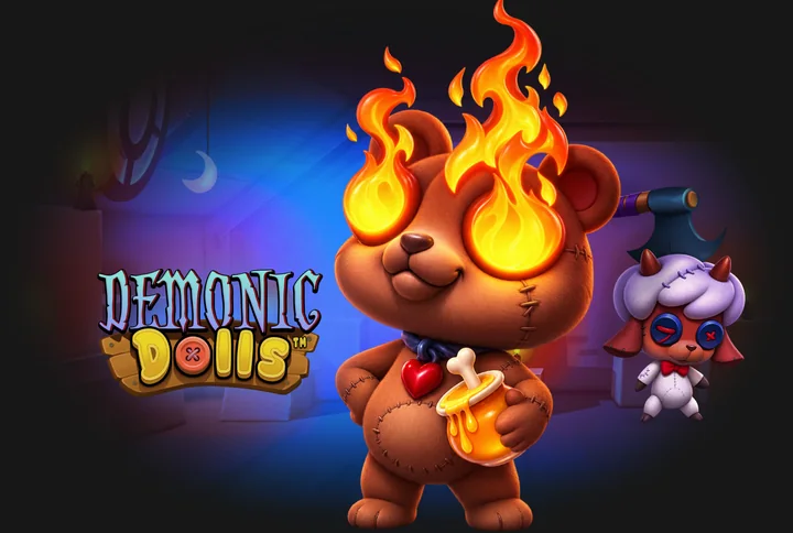 Bannière du lobby Betify (Avant-première Hacksaw, Demonic Dolls) : un ours en peluche aux yeux enflammés et une petite poupée cornue, à la lueur des bougies