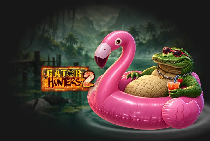Bannière du lobby Betify (Avant-première Nolimit City, Gator Hunters 2) : un alligator à lunettes de soleil sur une bouée flamant rose, dans un marais