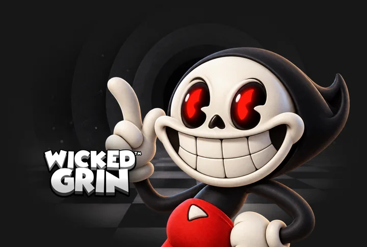 Bannière du lobby Betify (Avant-première Hacksaw, Wicked Grin) : un personnage au crâne souriant, aux yeux rouges et aux gants blancs, sur un sol en damier