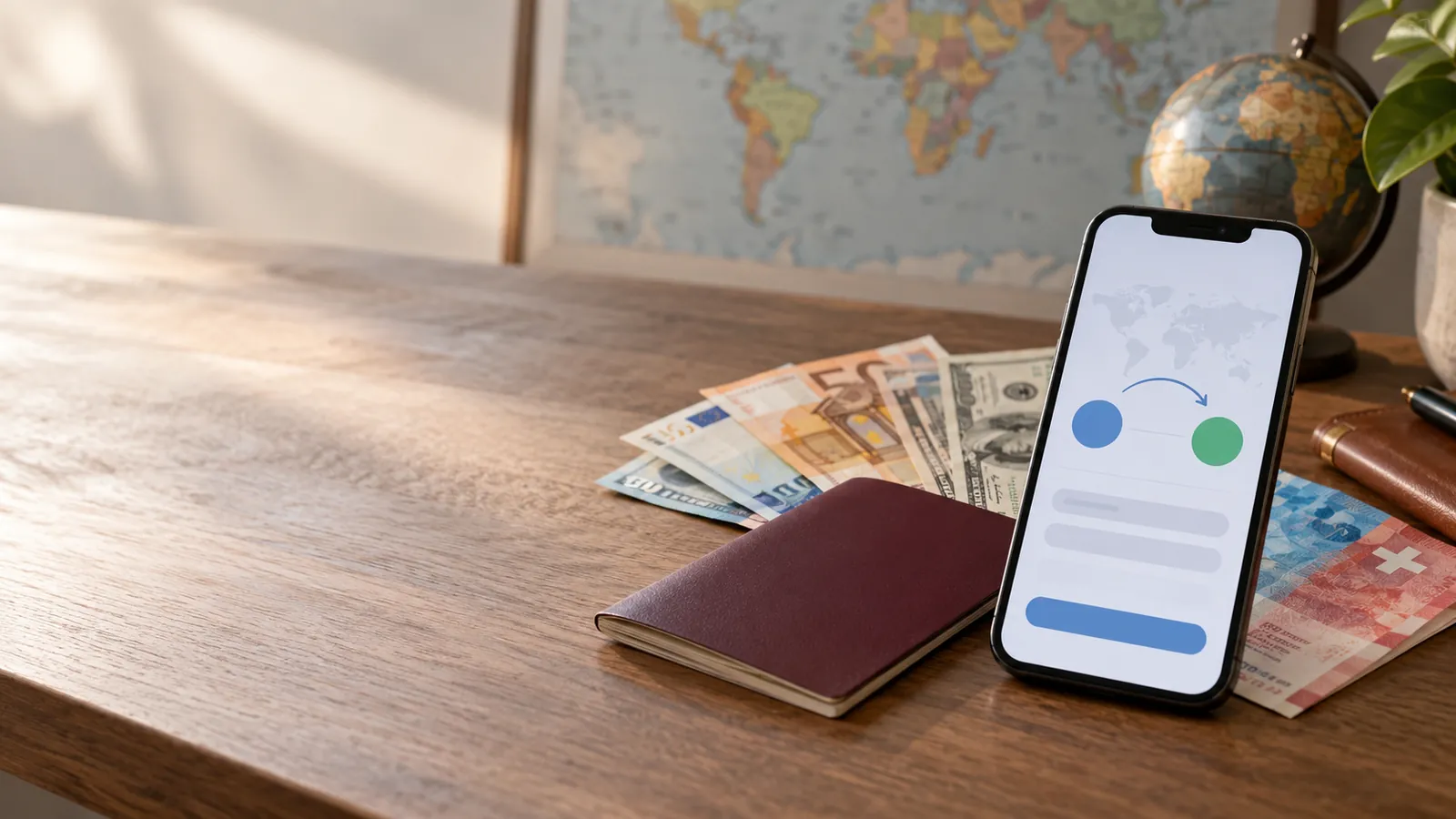 Billets en euros, dollars et francs suisses sur une table avec un téléphone affichant un virement international
